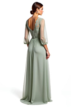 Dusty Sage A Line Appliques Long Bridesmaid Dress with Half Sleeves