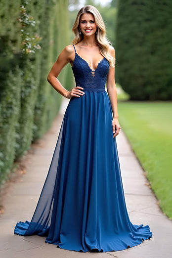 Dark Blue A Line Chiffon Long Bridesmaid Dress with Appliques