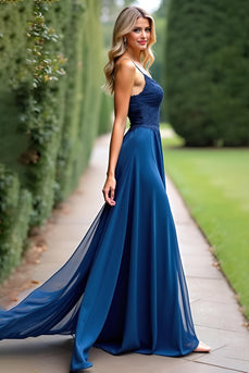 Dark Blue A Line Chiffon Long Bridesmaid Dress with Appliques