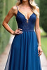 Load image into Gallery viewer, Dark Blue A Line Chiffon Long Bridesmaid Dress with Appliques