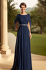 Load image into Gallery viewer, Navy Cape Scoop Neck A Line Long Mother of the Bride Dress