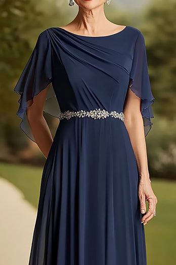 Navy Cape Scoop Neck A Line Long Mother of the Bride Dress