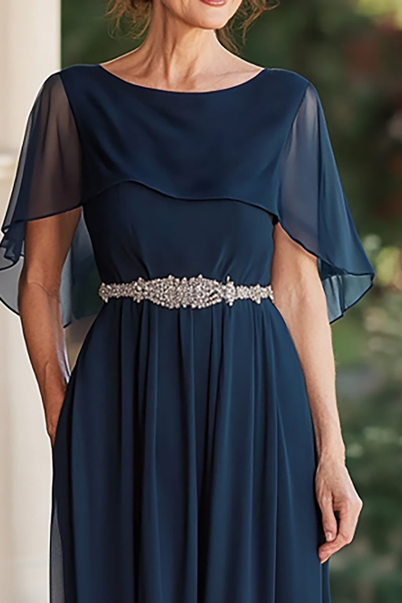 Load image into Gallery viewer, Cape Navy Scoop Neck Long Mother of the Bride Dress