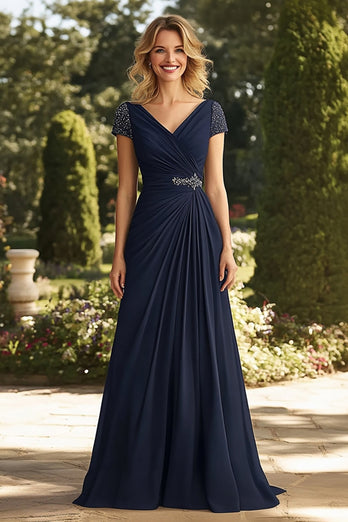 Navy V-Neck A Line Long Ruched Mother of the Bride Dress with Beading