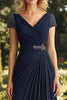 Load image into Gallery viewer, Navy V-Neck A Line Long Ruched Mother of the Bride Dress with Beading