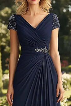 Navy V-Neck A Line Long Ruched Mother of the Bride Dress with Beading