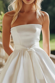 White Strapless A Line Graduation Dress with Bowknot