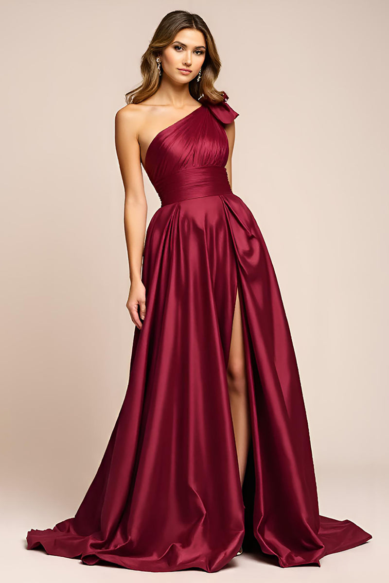 Load image into Gallery viewer, Burgundy A Line One Shoulder Long Prom Dress with Slit