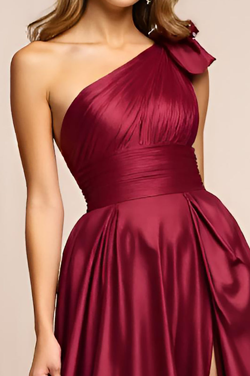 Load image into Gallery viewer, Burgundy A Line One Shoulder Long Prom Dress with Slit