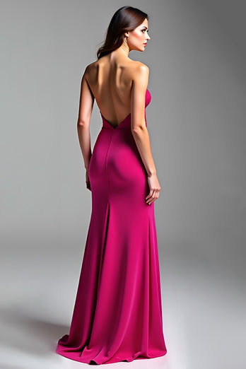 Fuchsia Cut Out Strapless Backless Long Prom Dress