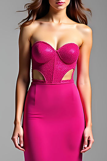 Fuchsia Cut Out Strapless Backless Long Prom Dress