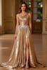 Load image into Gallery viewer, Gold Metallic A Line One Shoulder Long Prom Dress with Slit