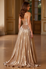 Load image into Gallery viewer, Gold Metallic A Line One Shoulder Long Prom Dress with Slit