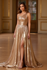 Load image into Gallery viewer, Gold Metallic A Line One Shoulder Long Prom Dress with Slit