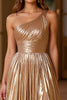 Load image into Gallery viewer, Gold Metallic A Line One Shoulder Long Prom Dress with Slit