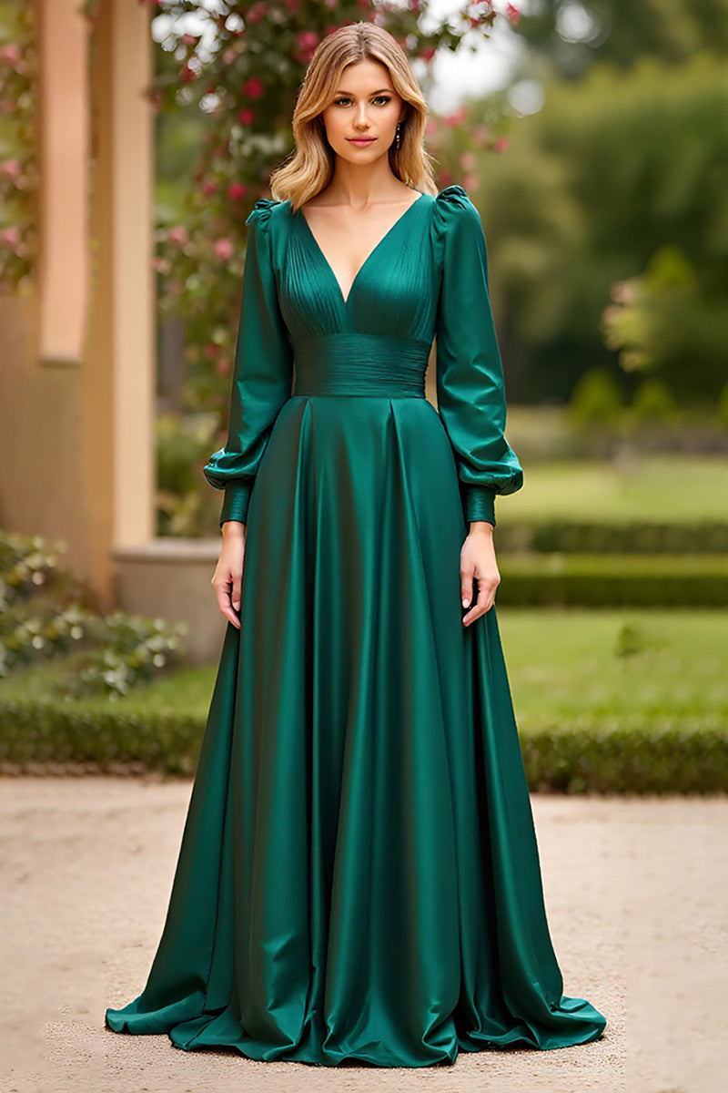 Load image into Gallery viewer, Dark Green V-Neck Long Prom Dress with Long Sleeves