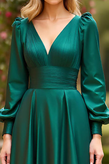 Dark Green V-Neck Long Prom Dress with Long Sleeves