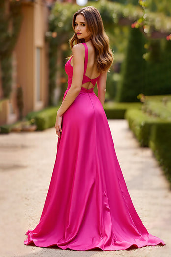 Fuchsia Cut Out Satin Long Prom Dress with Slit