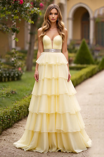 Light Yellow Tiered Strapless Long Prom Dress