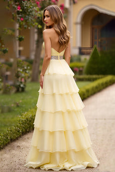 Light Yellow Tiered Strapless Long Prom Dress