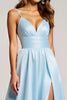 Load image into Gallery viewer, Sky Blue A Line V-Neck Long Satin Prom Dress with Slit