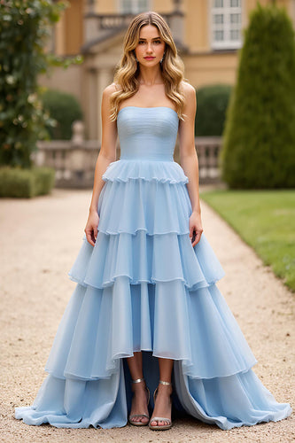 Sky Blue Strapless A Line Long Tiered Prom Dress