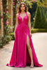 Load image into Gallery viewer, Fuchsia Deep V-Neck A Line Long Prom Dress with Slit