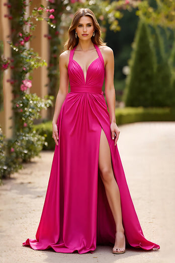 Fuchsia Deep V-Neck A Line Long Prom Dress with Slit