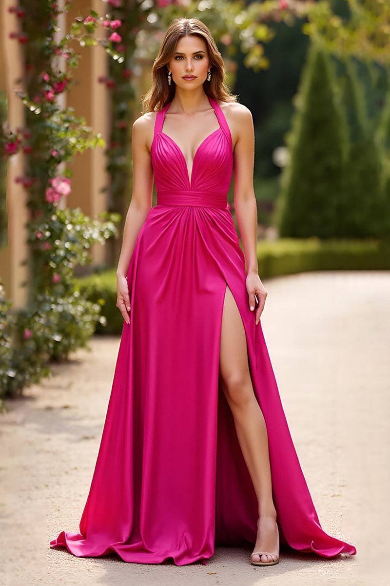 Load image into Gallery viewer, Fuchsia Deep V-Neck A Line Long Prom Dress with Slit