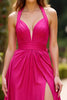 Load image into Gallery viewer, Fuchsia Deep V-Neck A Line Long Prom Dress with Slit