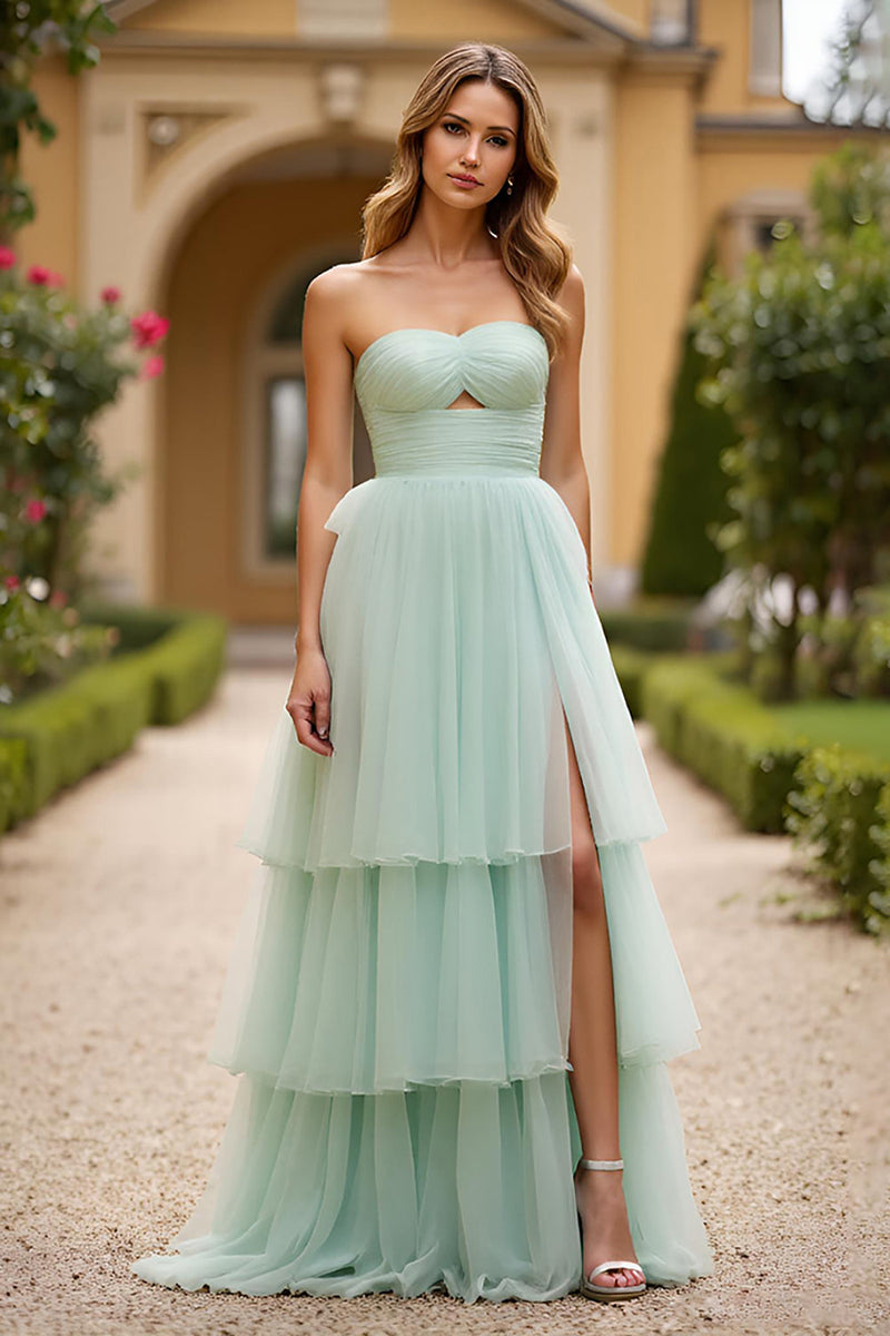 Load image into Gallery viewer, Light Green Strapless A Line Tulle Long Prom Dress with Slit