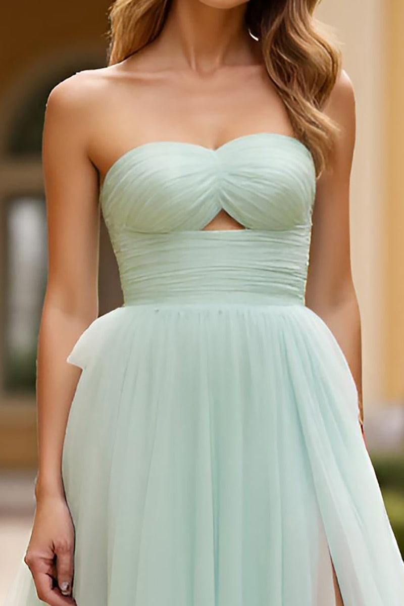 Load image into Gallery viewer, Light Green Strapless A Line Tulle Long Prom Dress with Slit