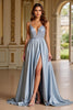 Load image into Gallery viewer, A Line Dusty Blue Deep V-Neck Long Prom Dress with Slit