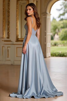 A Line Dusty Blue Deep V-Neck Long Prom Dress with Slit