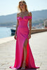 Load image into Gallery viewer, Fuchsia Off the Shoulder Sheath Long Satin Prom Dress with Slit