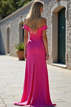 Fuchsia Off the Shoulder Sheath Long Satin Prom Dress with Slit