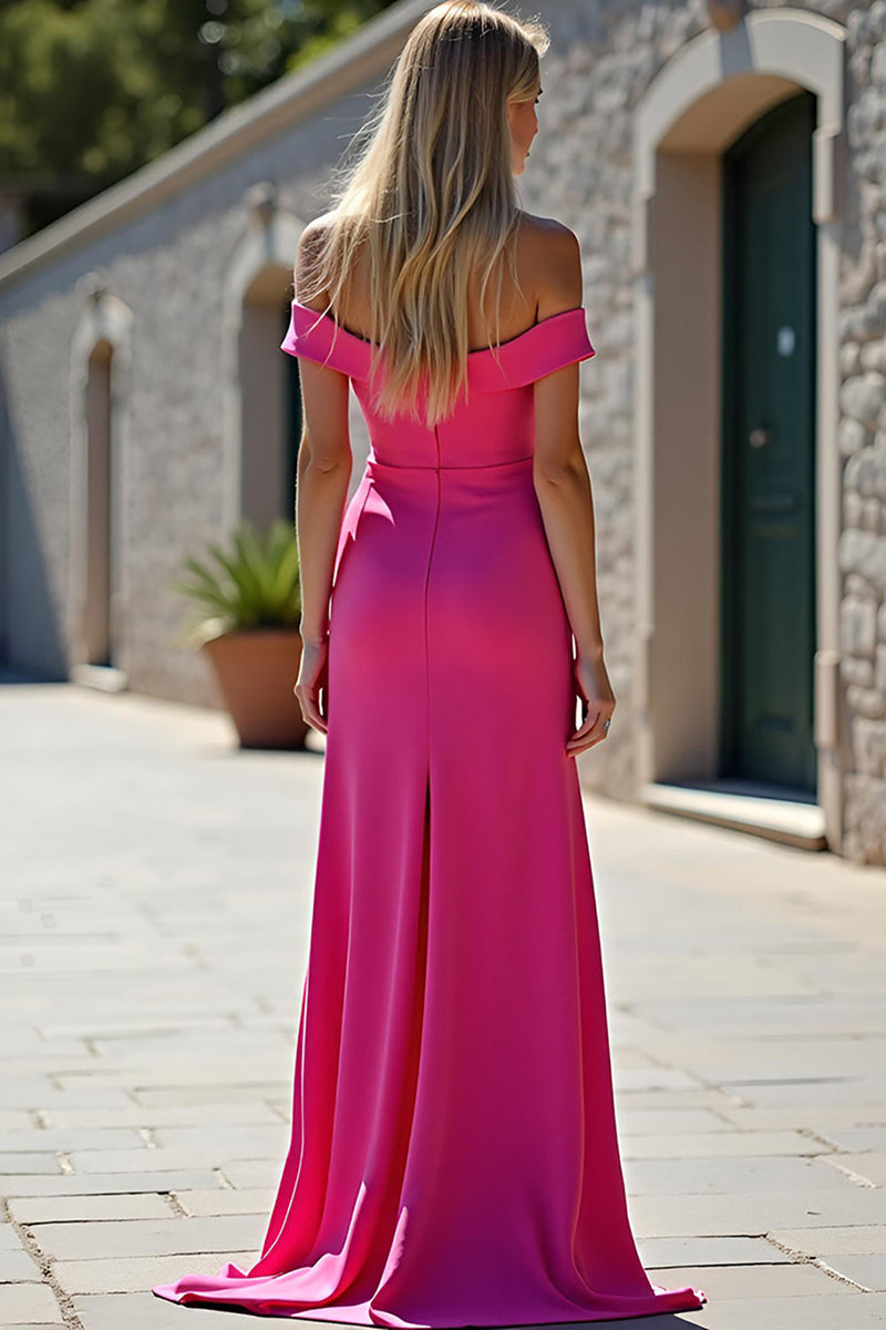 Load image into Gallery viewer, Fuchsia Off the Shoulder Sheath Long Satin Prom Dress with Slit