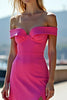 Load image into Gallery viewer, Fuchsia Off the Shoulder Sheath Long Satin Prom Dress with Slit