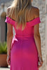 Load image into Gallery viewer, Fuchsia Off the Shoulder Sheath Long Satin Prom Dress with Slit