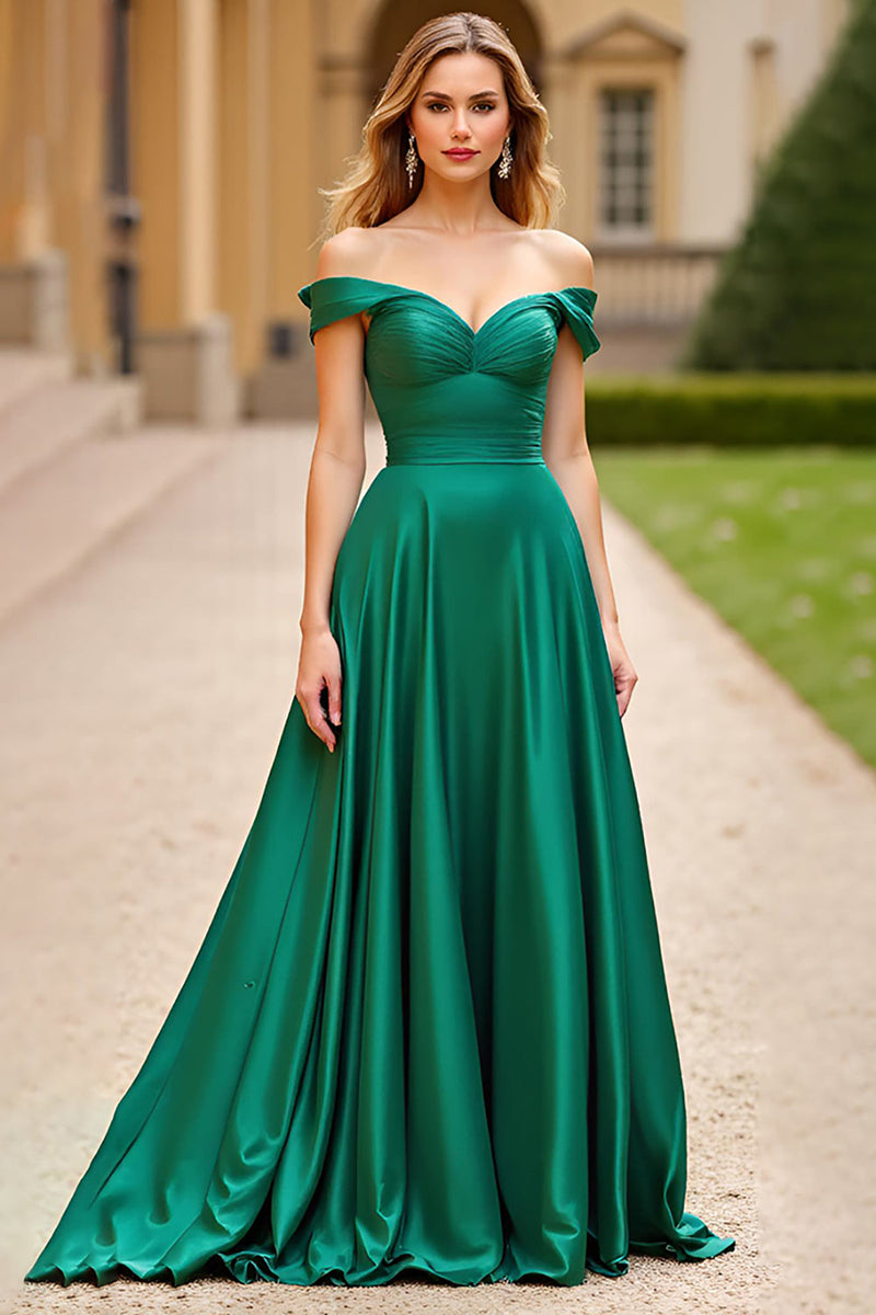 Load image into Gallery viewer, Dark Green A Line Off the Shoulder Long Satin Prom Dress