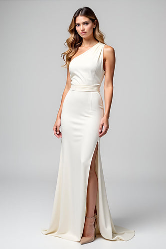 Ivory One Shoulder Sheath Long Rehearsal Dinner Dress