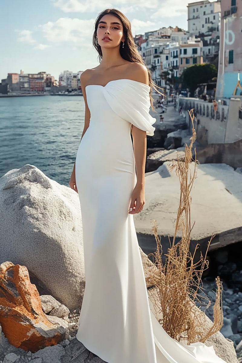 Load image into Gallery viewer, White Sheath Satin Long Rehearsal Dinner Dress