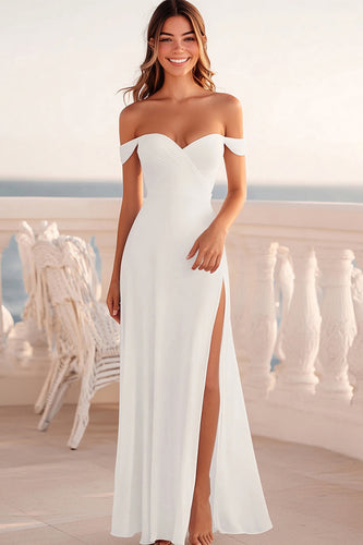 Off the Shoulder White Sheath Long Rehearsal Dinner Dress with Slit