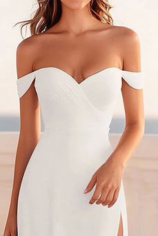 Off the Shoulder White Sheath Long Rehearsal Dinner Dress with Slit