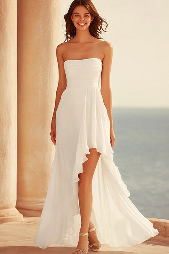 Asymmetrical Strapless White Ruched Long Rehearsal Dinner Dress