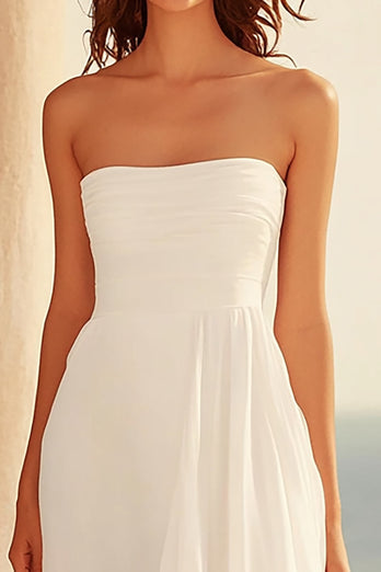 Asymmetrical Strapless White Ruched Long Rehearsal Dinner Dress