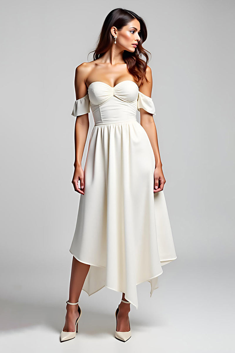 Load image into Gallery viewer, White Sweetheart Ruched Asymmetrical Long Rehearsal Dinner Dress