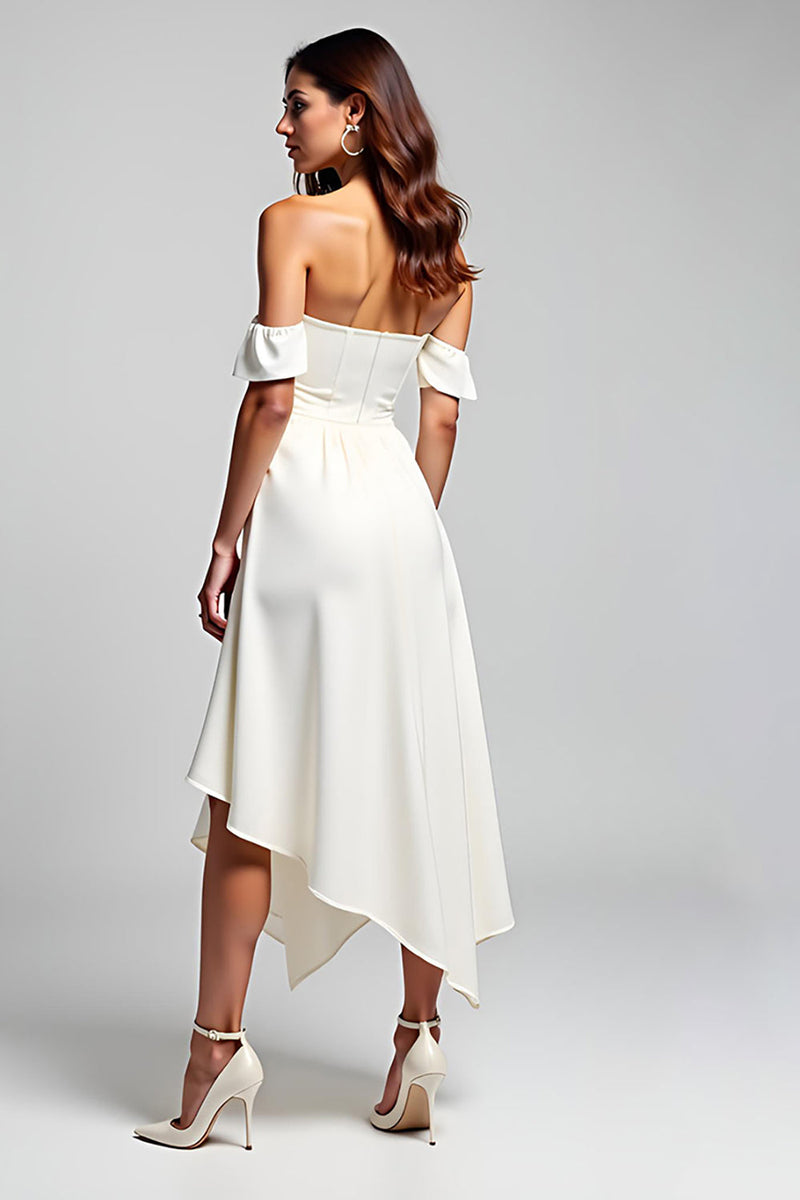 Load image into Gallery viewer, White Sweetheart Ruched Asymmetrical Long Rehearsal Dinner Dress