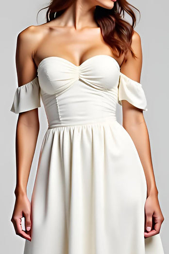 White Sweetheart Ruched Asymmetrical Long Rehearsal Dinner Dress