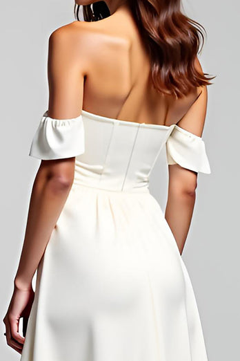 White Sweetheart Ruched Asymmetrical Long Rehearsal Dinner Dress